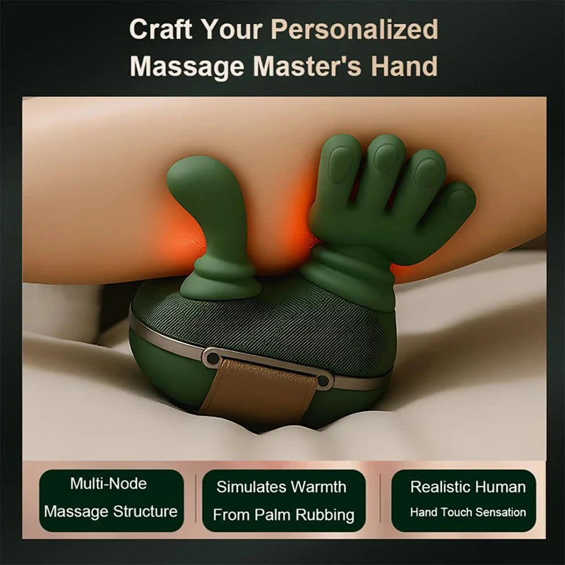 Massage device with green gloves on a black background, featuring text about personalized massage experience.