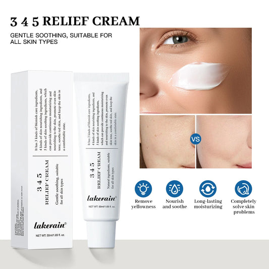 345 Relief Cream packaging with a tube and box, showing application on skin.