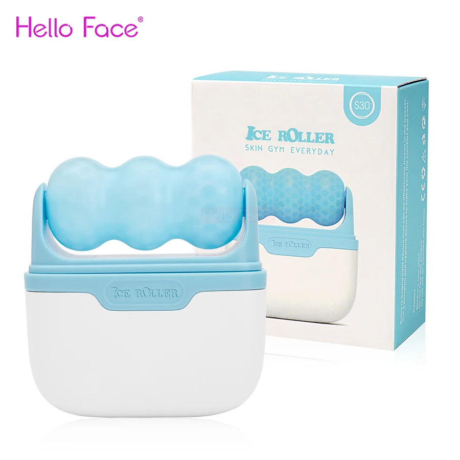 Ice roller with packaging on a white background, featuring the brand 'Hello Face'.