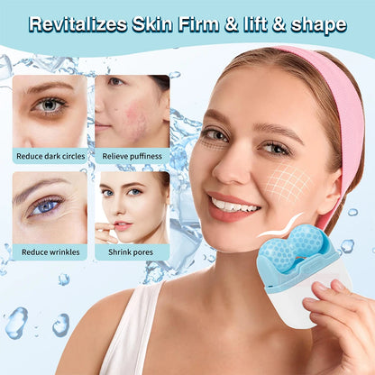 Woman using a facial device with text on skin benefits on a blue background