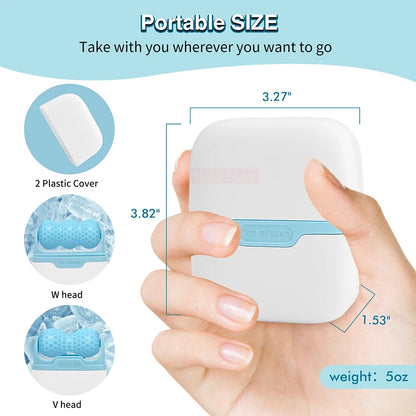 Portable device with dimensions and features highlighted on a light blue background
