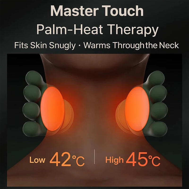 Palm-heat therapy device on a neck with temperature display.