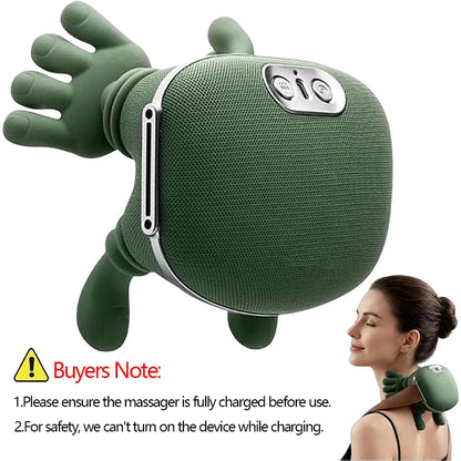Green massage device shaped like a hand with a woman using it on her neck, featuring a warning label.