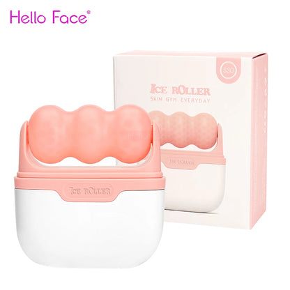 Pink ice roller with white base and packaging on a white background, featuring 'Hello Face' branding.