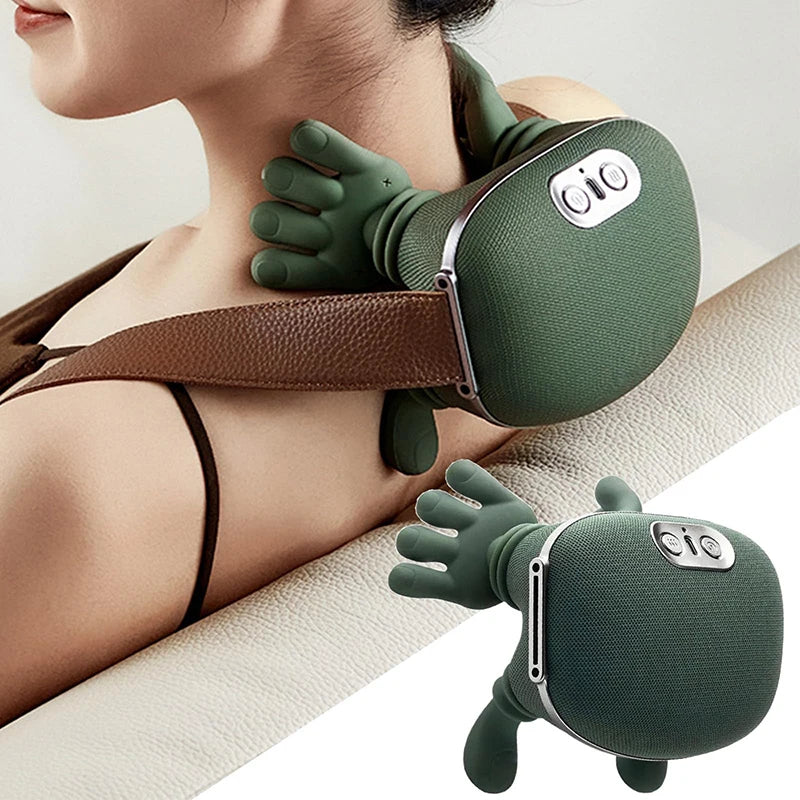 Person using a green neck and shoulder massager with 'Clio' branding.