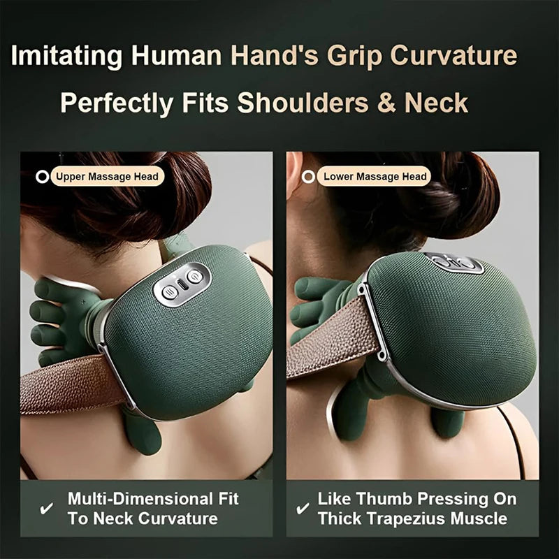 Green neck and shoulder massager with massage heads on a black background