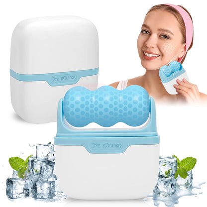 Ice roller with packaging and mint leaves on a white background