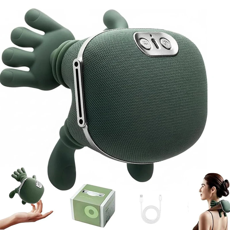 Green massage device shaped like a hand with a box and person using it on a white background
