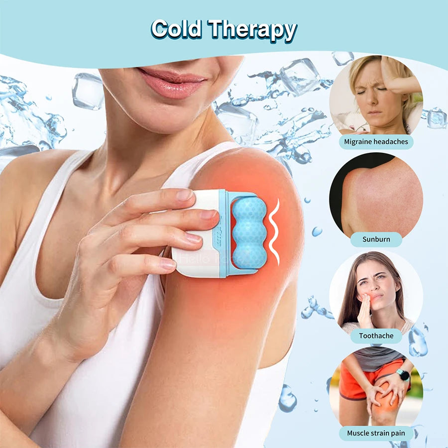 Person using a cold therapy device on their shoulder with images of conditions it can help treat.